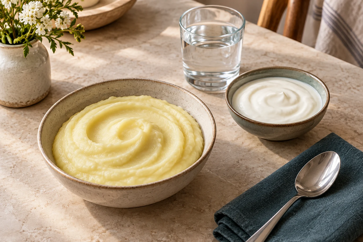Kartoffelpüree, Naturjoghurt und ein Glas Wasser.