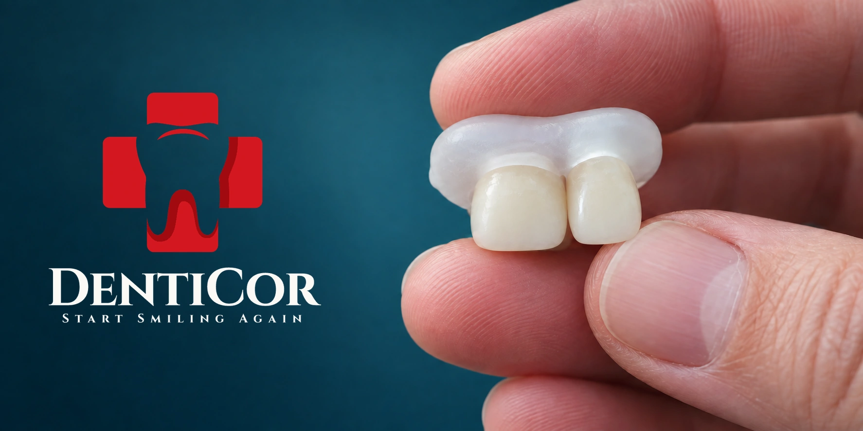Zwei Denticor-Frontzähne mit DentiFlex-Halterung zwischen den Fingern, mit Denticor-Logo
