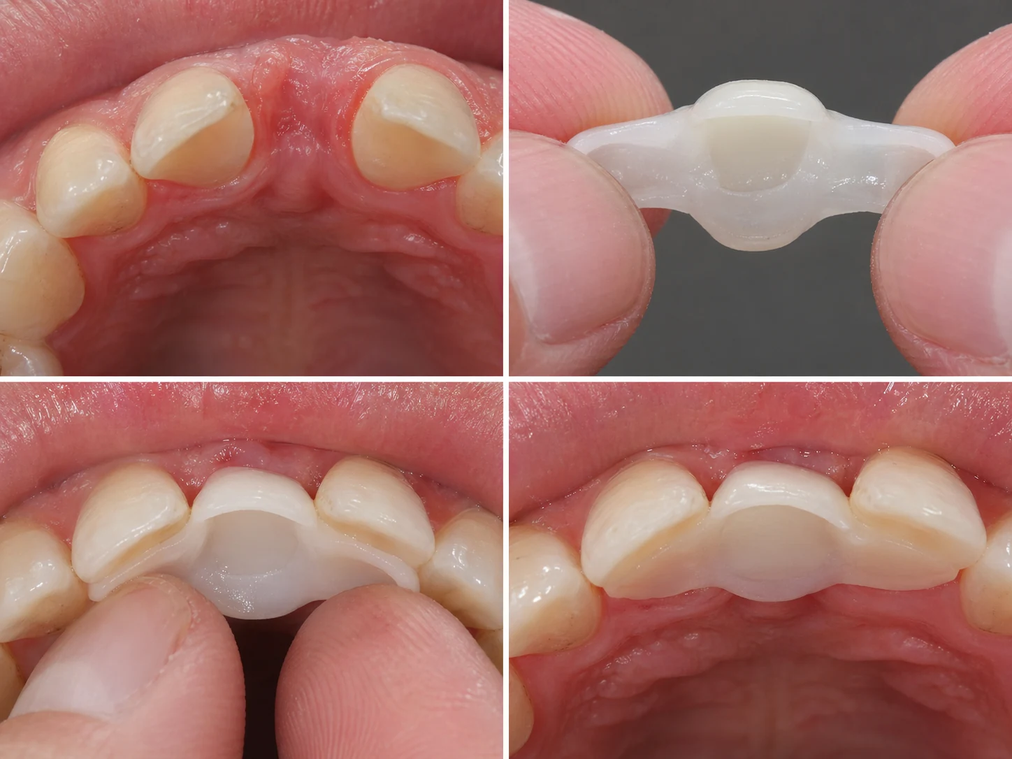 Vier-Schritt-Ansicht von hinten auf DentiFlex-Brücke und Krone