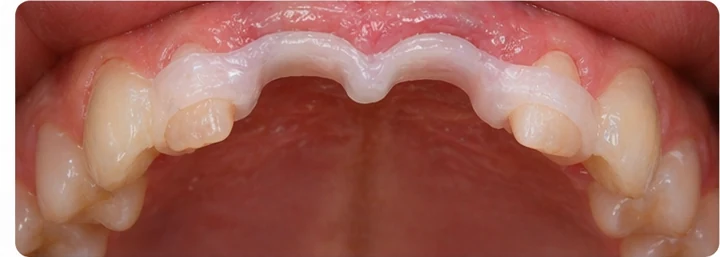 Bildverlauf Denticor – Schritt 5: provisorische Versorgung – drei obere Schneidezähne (beide mittleren + seitlicher)