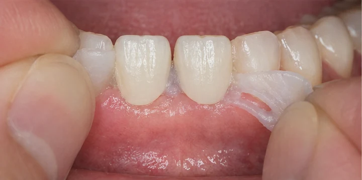Bildverlauf Denticor – Schritt 5: provisorische Versorgung – unterer Schneidezahn und Eckzahn